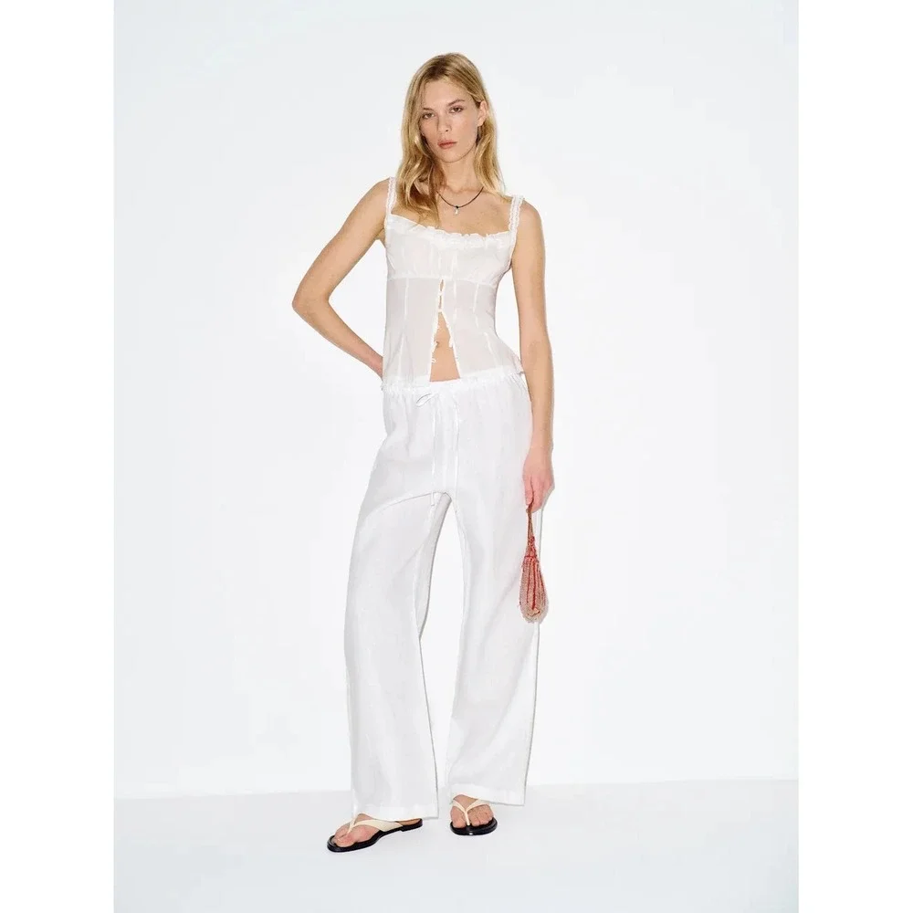 Reformation Olina 100% Linen Pull On Drawstring Pant White XS Coastal Old Money